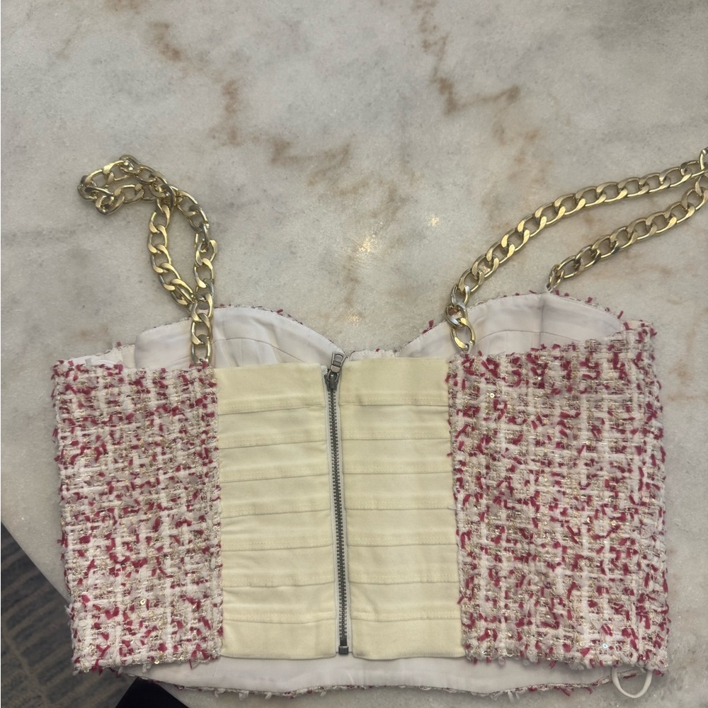 Alice + Olivia Cream and Pink Tweed Top